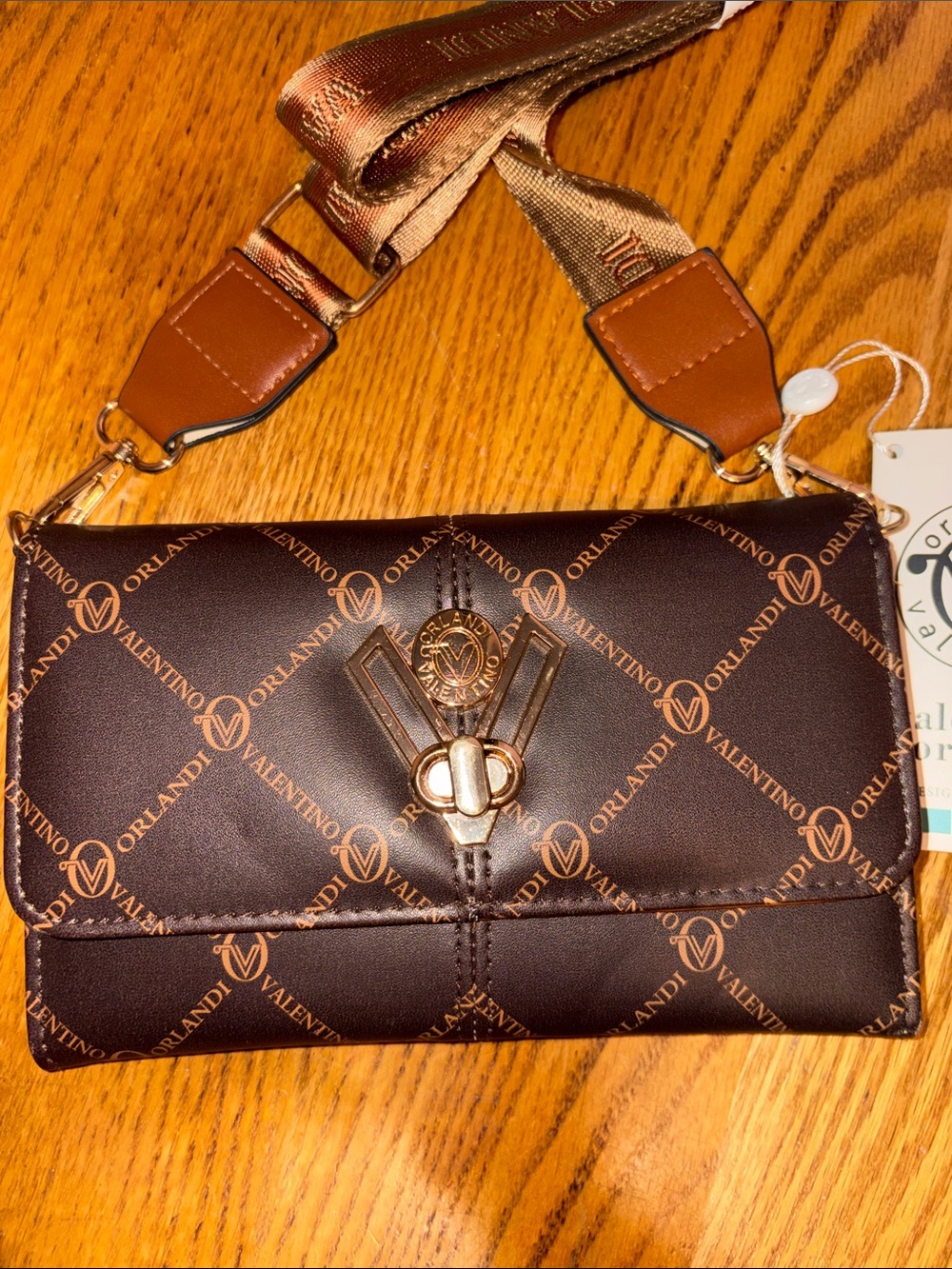 Valentino Orlandi Brown Monogram Crossbody Bag with Gold Hardware